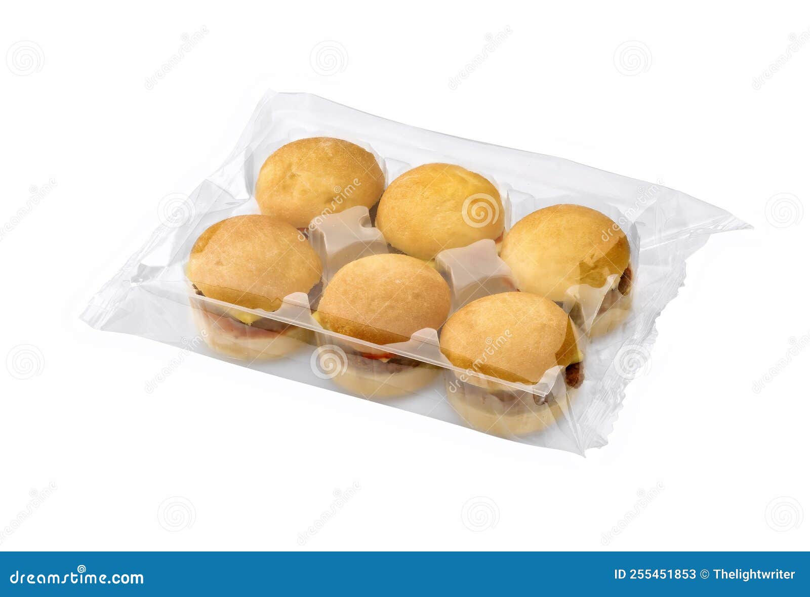 Mini Cheeseburger on Plastic Tray in Plastic Wrapper Isolated on White