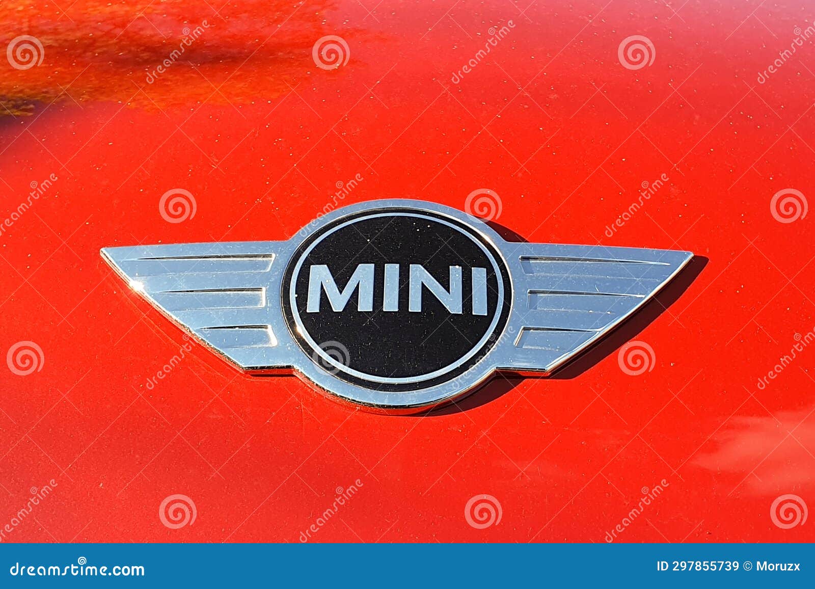 Photo of a Retro Mini Cooper Car Logo Badge on a Red Mini Cooper Car.  Editorial Photo - Image of chrome, motor: 144682971