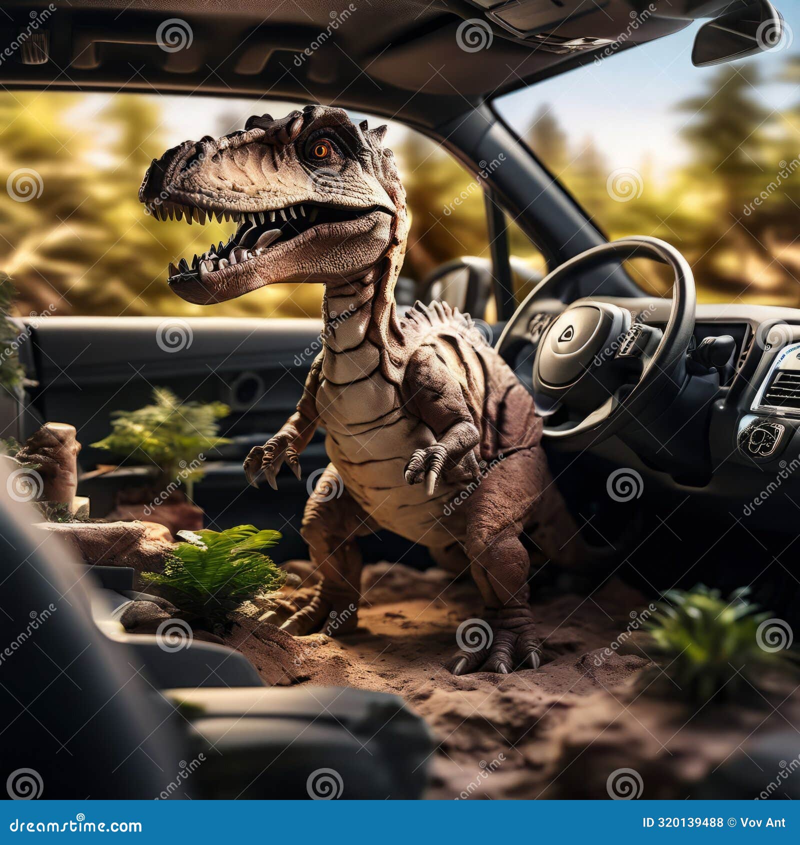 a mini dinosaur park inside the car with animatronic d