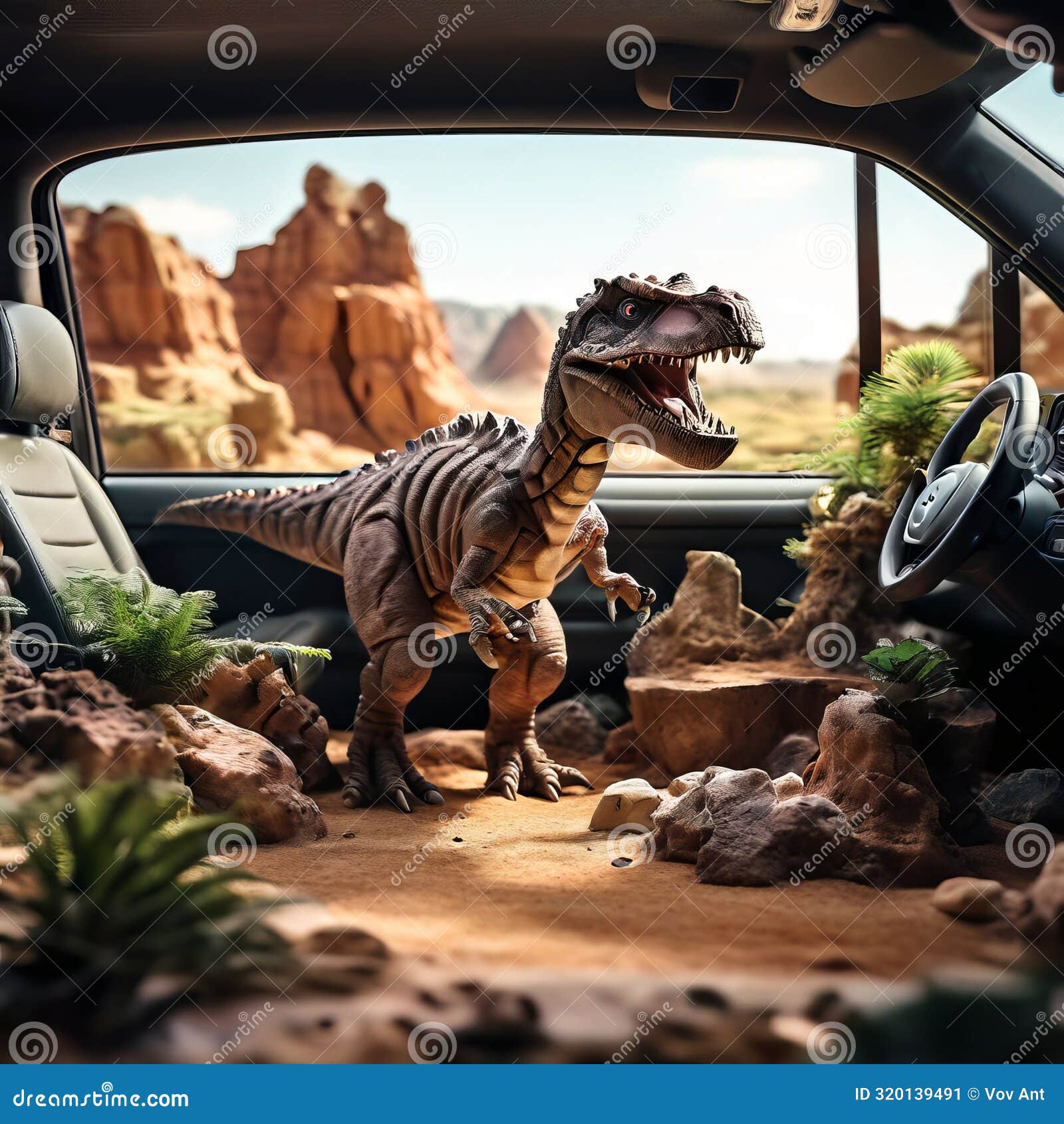 a mini dinosaur park inside the car with animatronic d