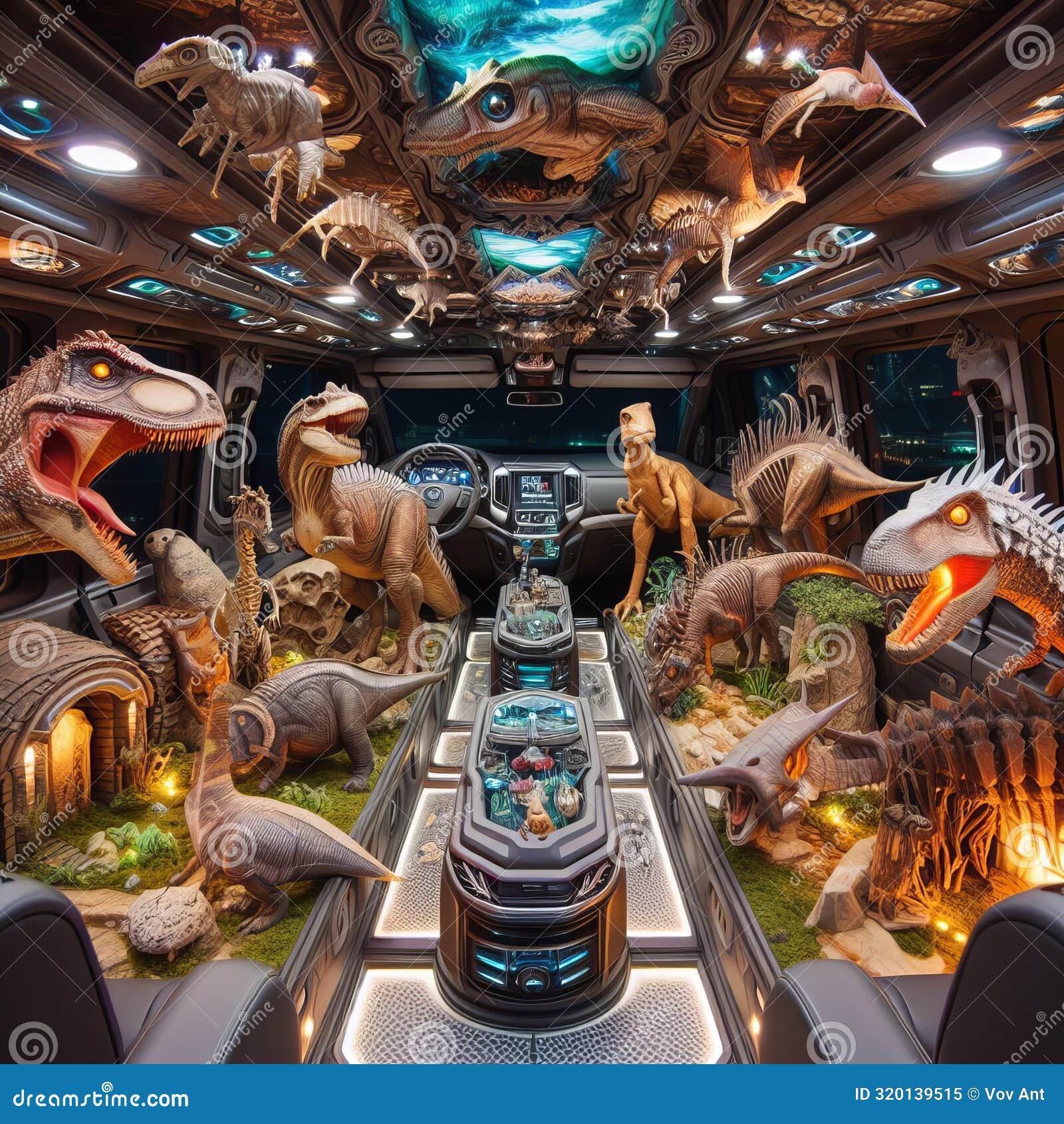 a mini dinosaur park inside the car, with animatronic