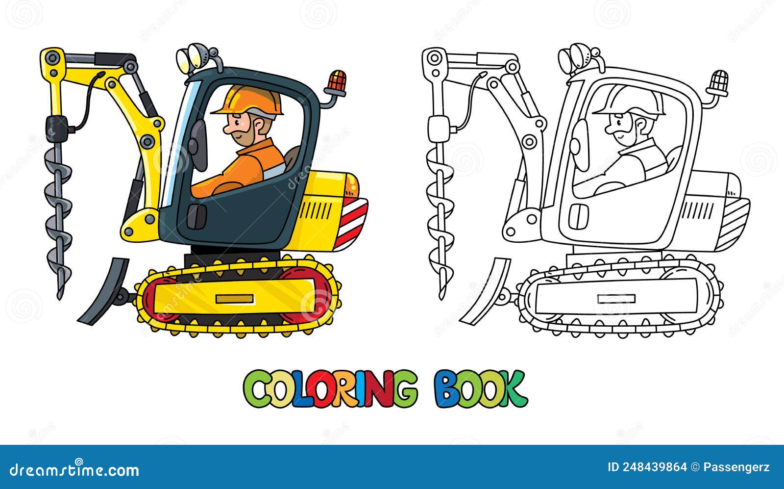 Mini Excavator with Drill and Driver Coloring Book Stock Vector ...