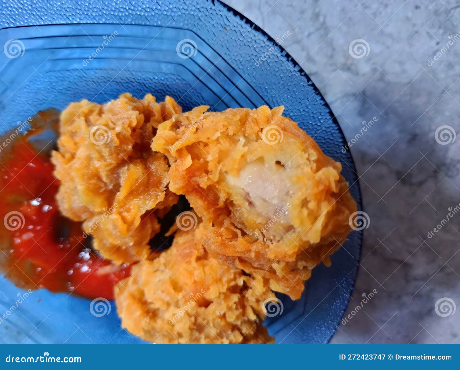 Mini Flour Fried Chicken with Chili Sauce on a Pretty Plate Stock Image