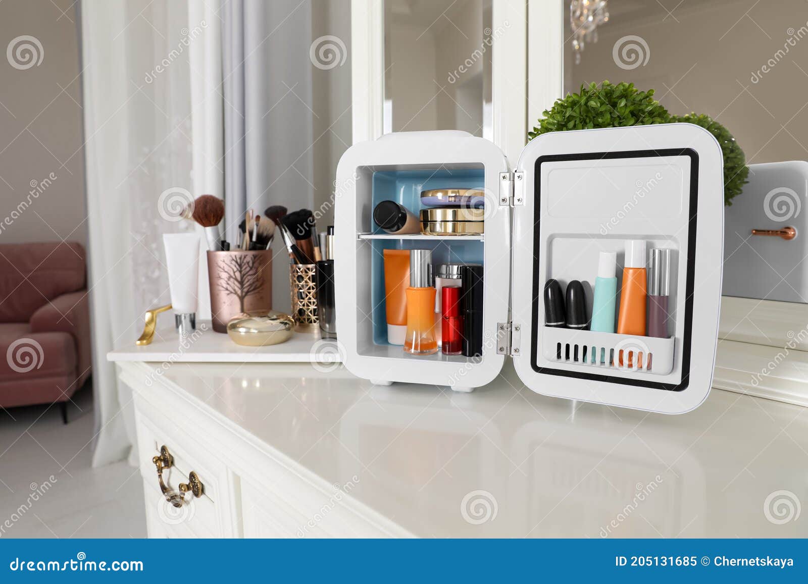 Mini Fridge with Cosmetic Products on White Vanity Table Stock Image -  Image of fresh, facial: 205131685