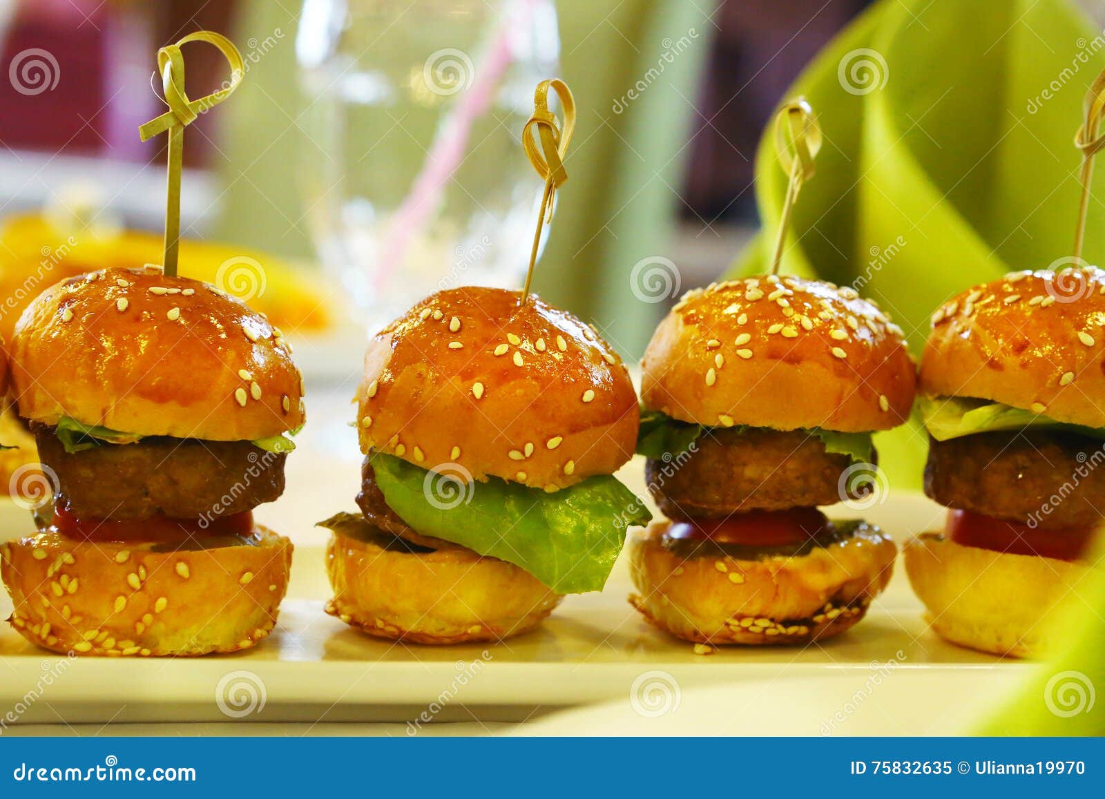 Mini Hamburger with Salad Leaf Served on Plate Stock Image Image of