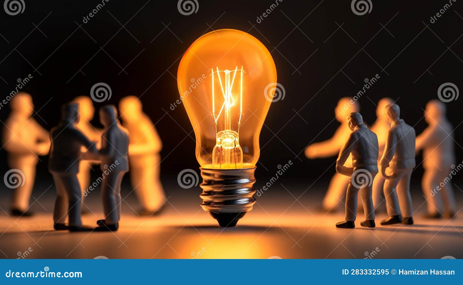 Mini Humans Surrounding a Light Bulb, Faces Filled with Determination, in Brainstorming Session