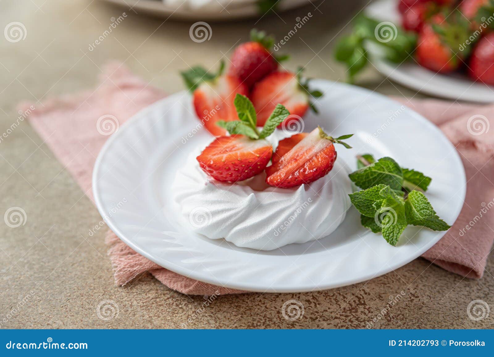 Mini Meringue Nest with Fresh Strawberries and Mint on a Plate, Empty