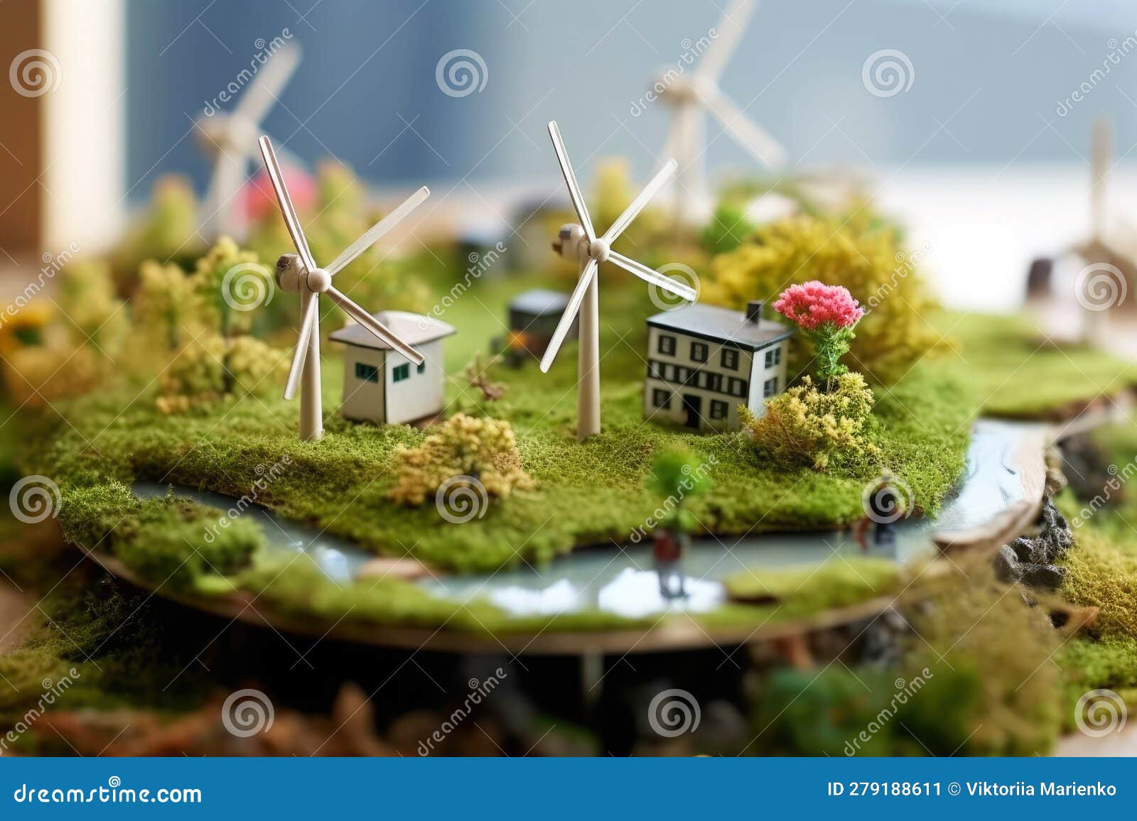 Wind Farms In The Field Supply Energy To The House. Cartoon Vector