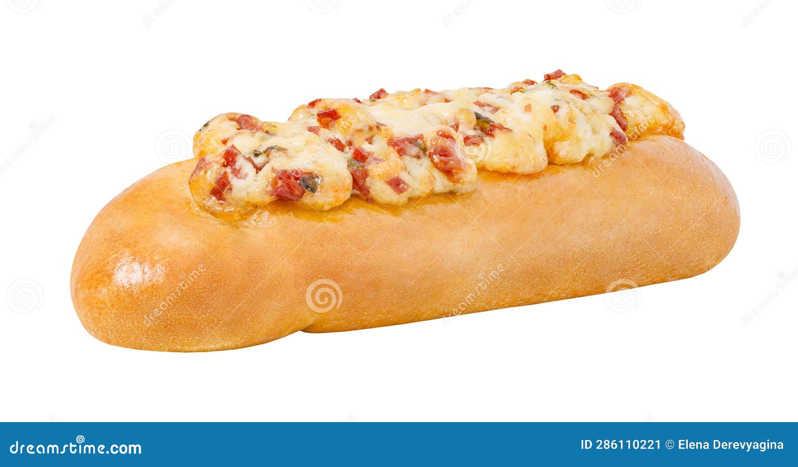 Mini Pizza Long with Salami on Bread Loaf, Side View Isolated on White