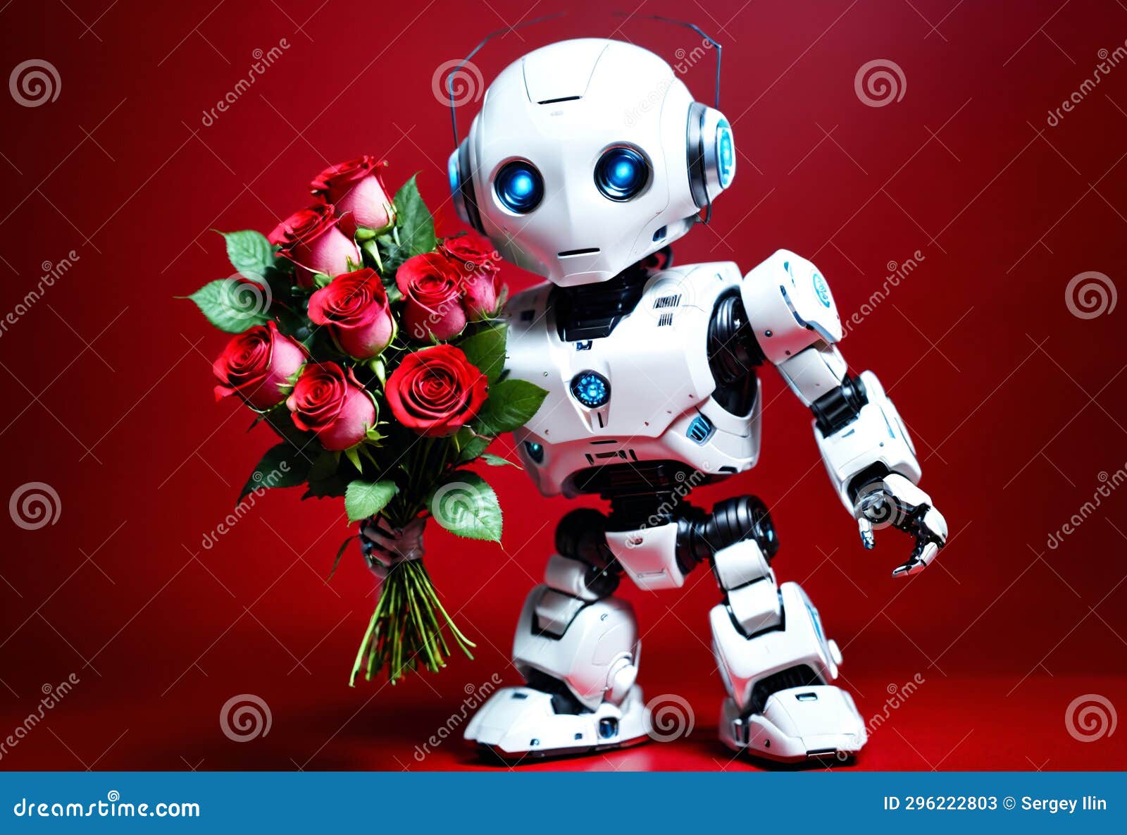 mini robot pointing olding roses bouquet at copy space on red background. generative ai