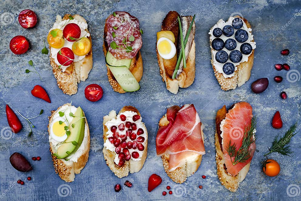 Mini Sandwiches Food Set. Brushetta or Authentic Traditional Spanish ...