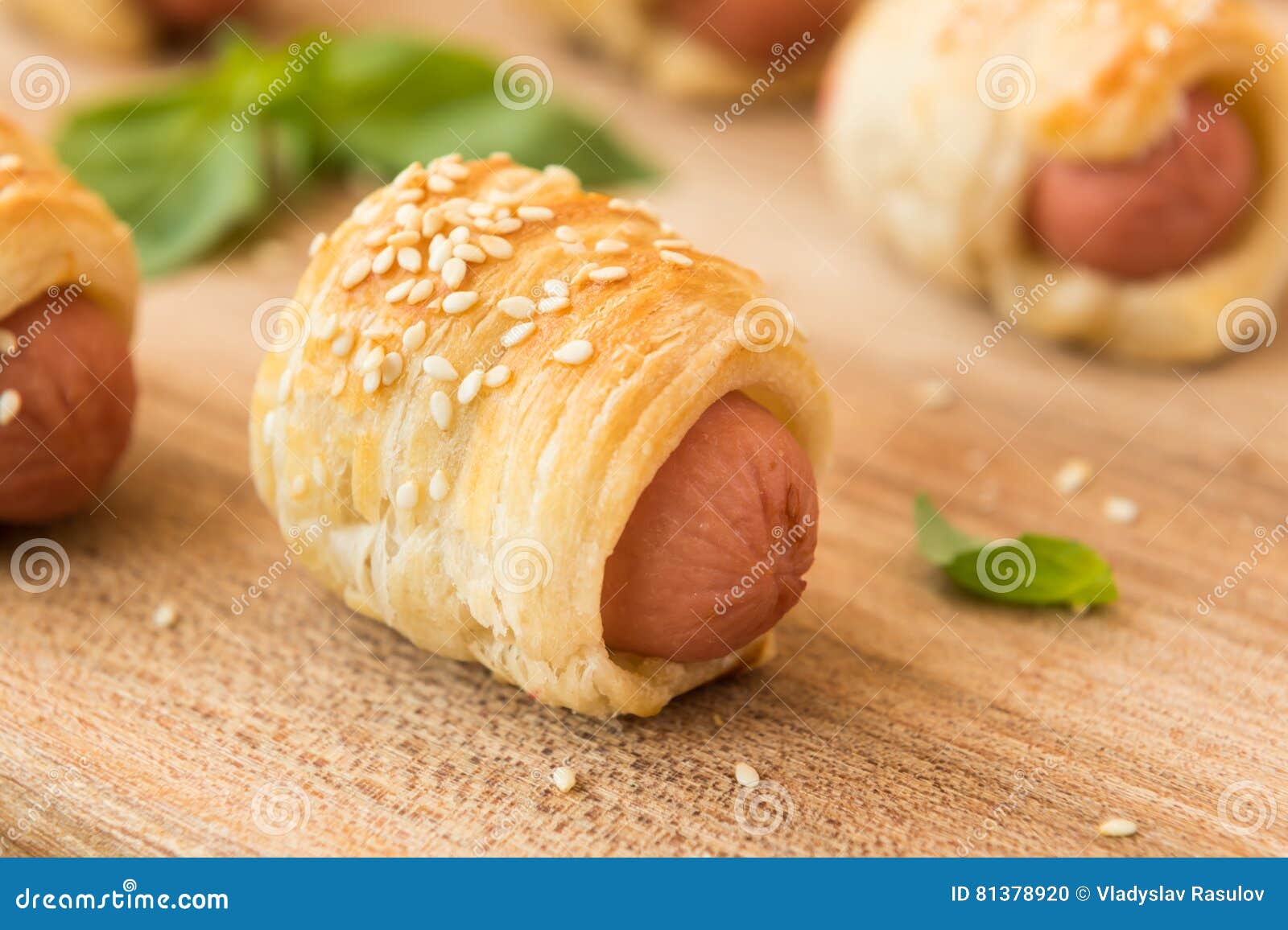 Mini Sausage Wrapped in Puff Pastry Stock Photo Image of green