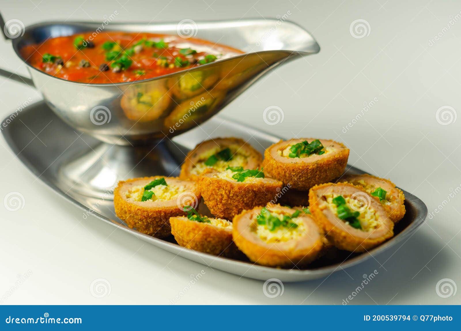 Mini Scotch Eggs with Tomato Sauce Served on the Silver Plate Stock Photo Image of culture