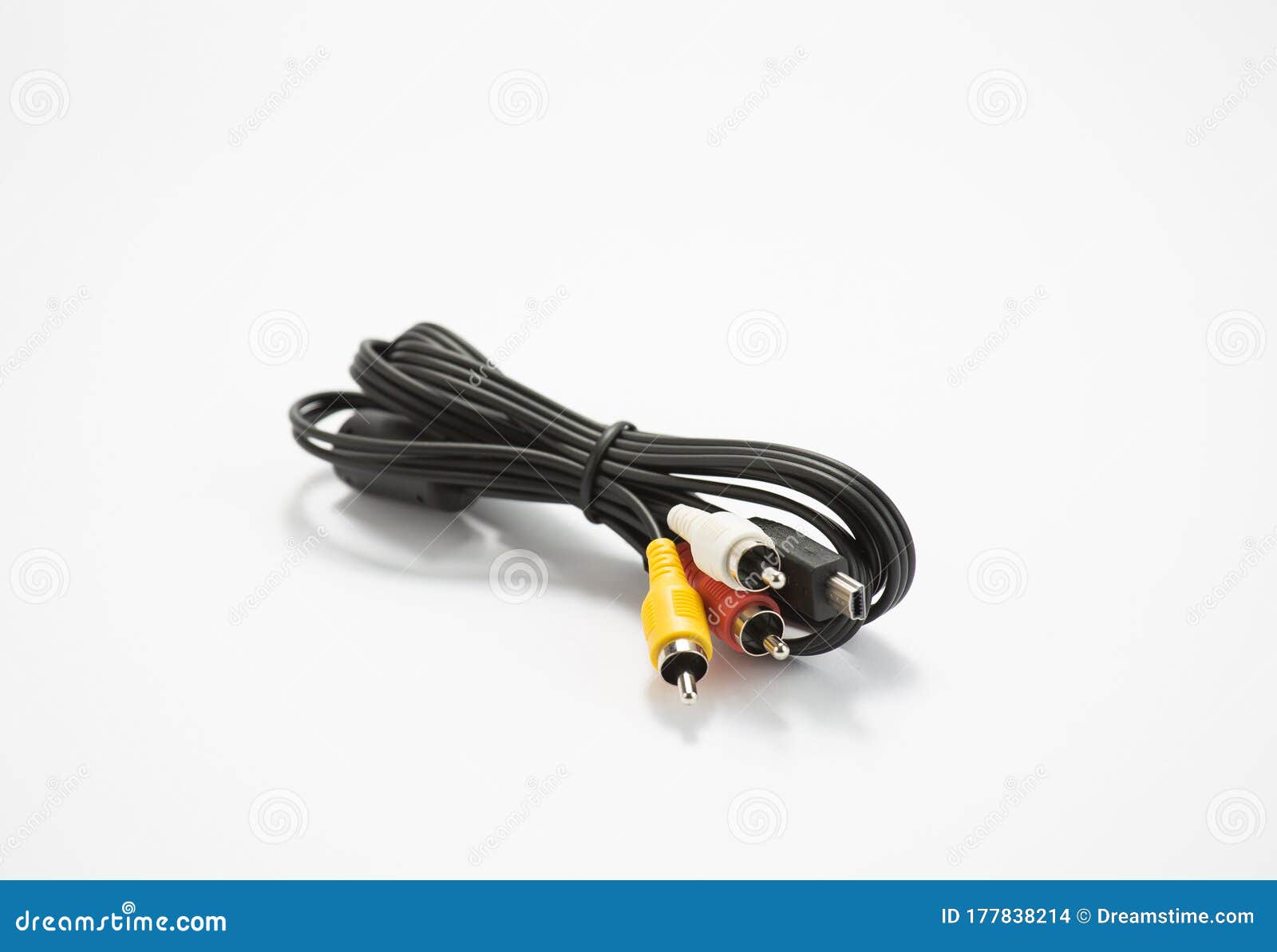 Mini USB To RCA Audio Cable on Isolated White Background Stock Photo