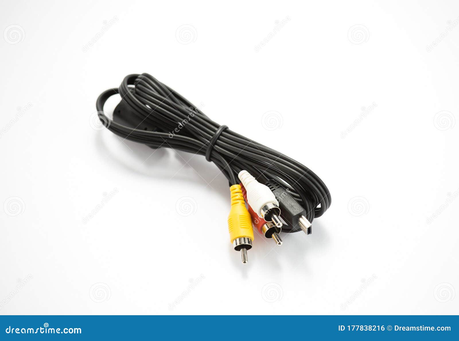 Mini USB To RCA Audio Cable on Isolated White Background Stock Photo