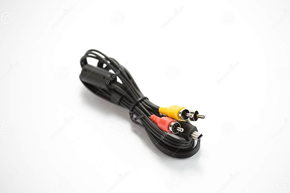 Mini USB To RCA Audio Cable on Isolated White Background Stock Photo
