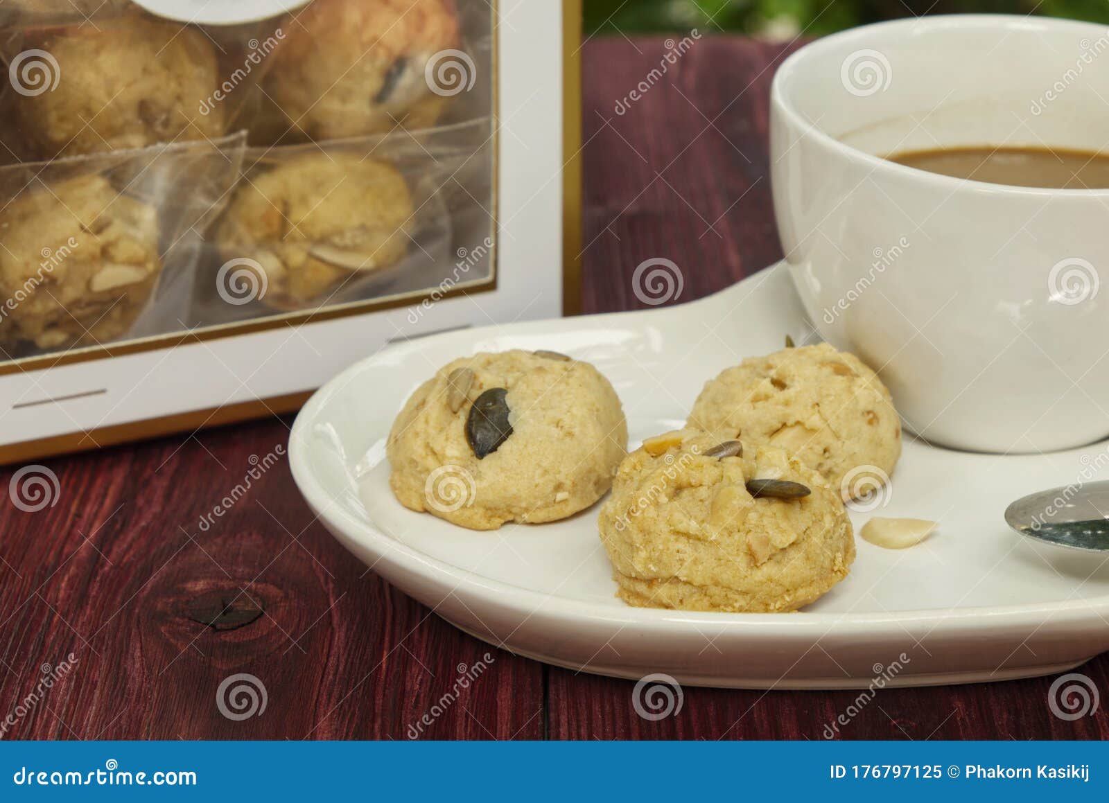 Mini Whole Grain Cookie with Coffee on the Table in the Morning Stock