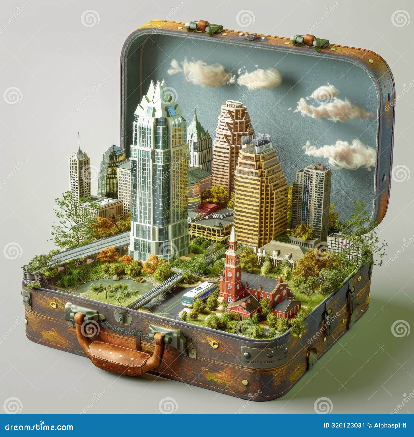 miniature austin skyline contained in open vintage suitcase izing travel dreams and aspirations