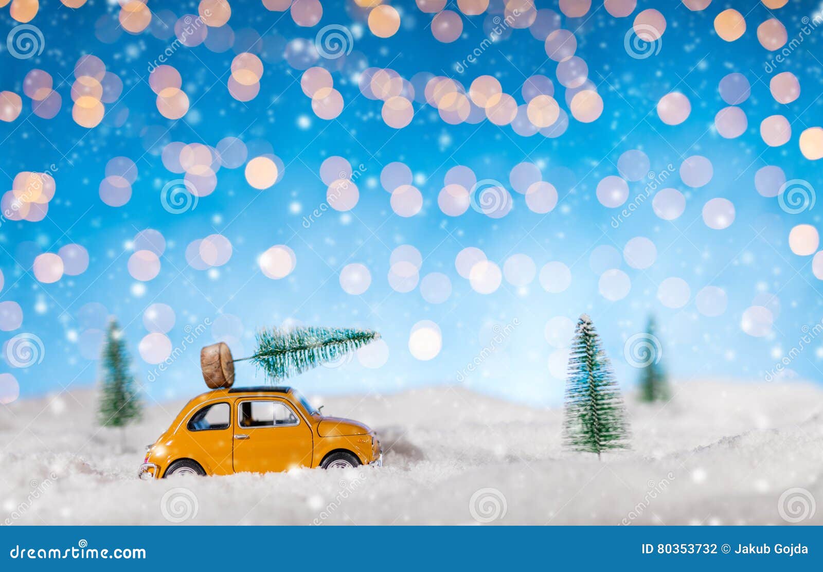 Miniature Car Carrying a Christmas Tree in Snow Stock Photo Image of