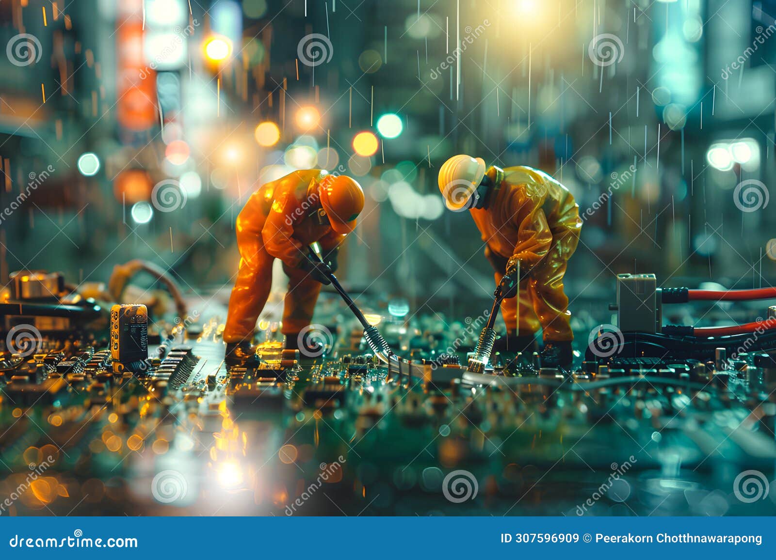 miniature cleaners working together on electronic circuit board, generated ai