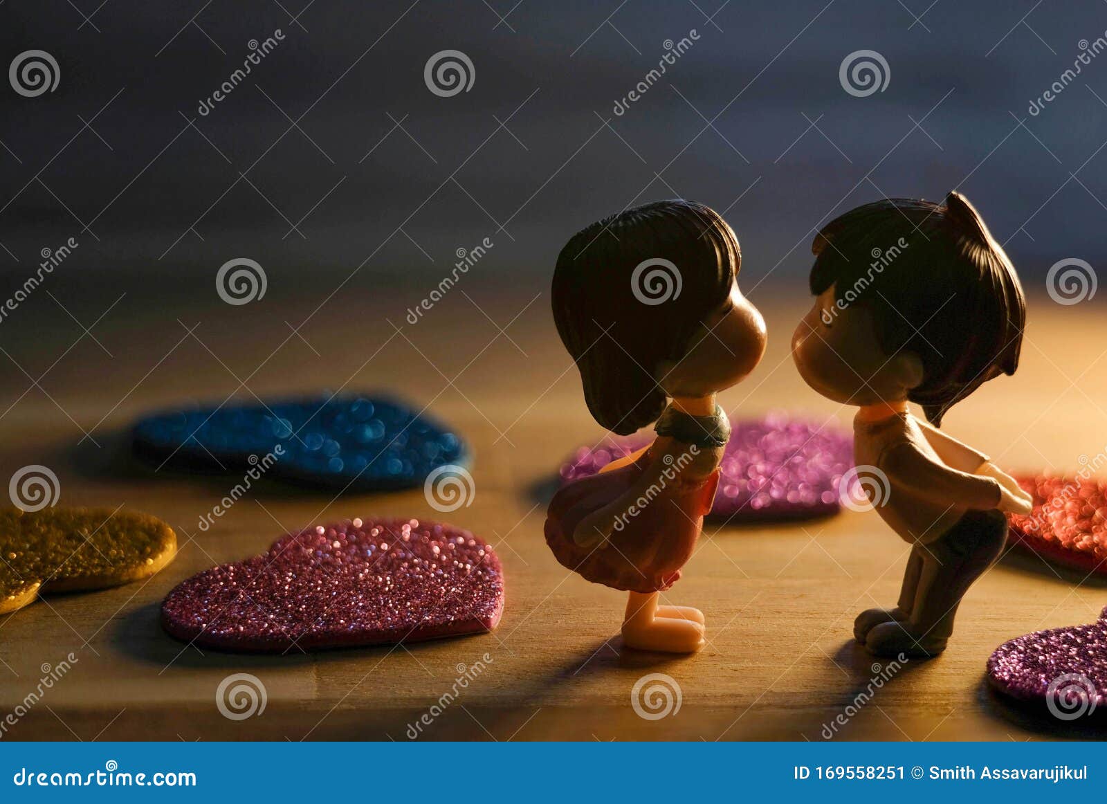 The Miniature Couple Dolls Boy and Girl Romantic Kiss at Night ...