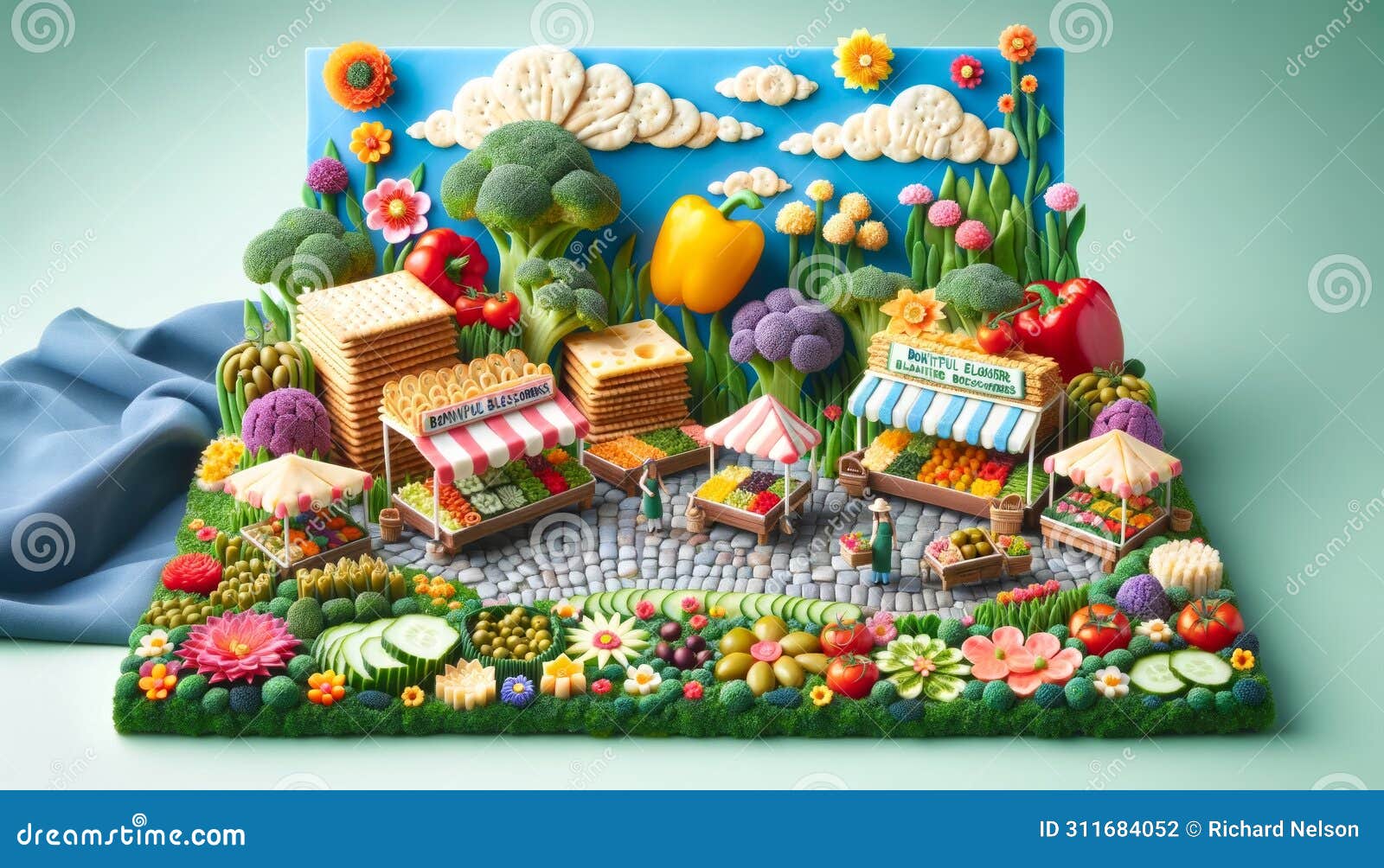 miniature farmers market diorama with colorful details