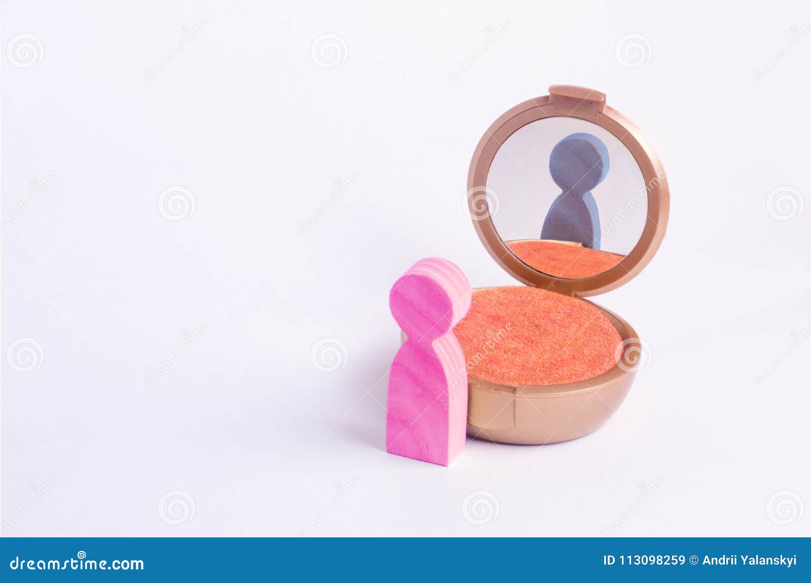 a miniature figure of a man looks in the mirror and sees his hatching in another gender. the concept of gender identity.