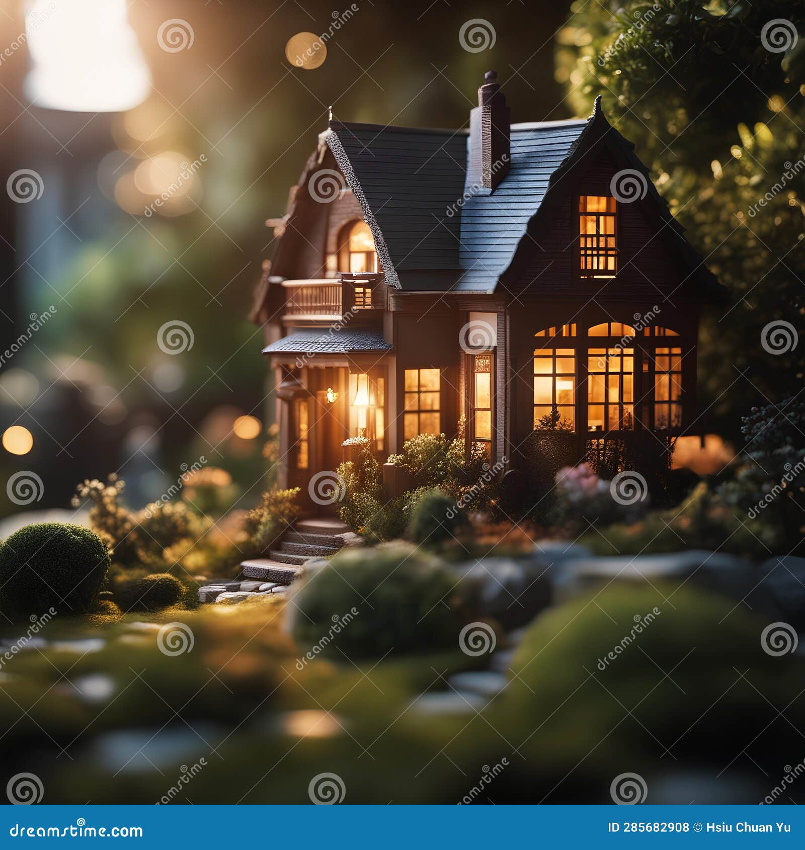 Miniature House with Beautiful Garden with Dramatic Ambient Lighting