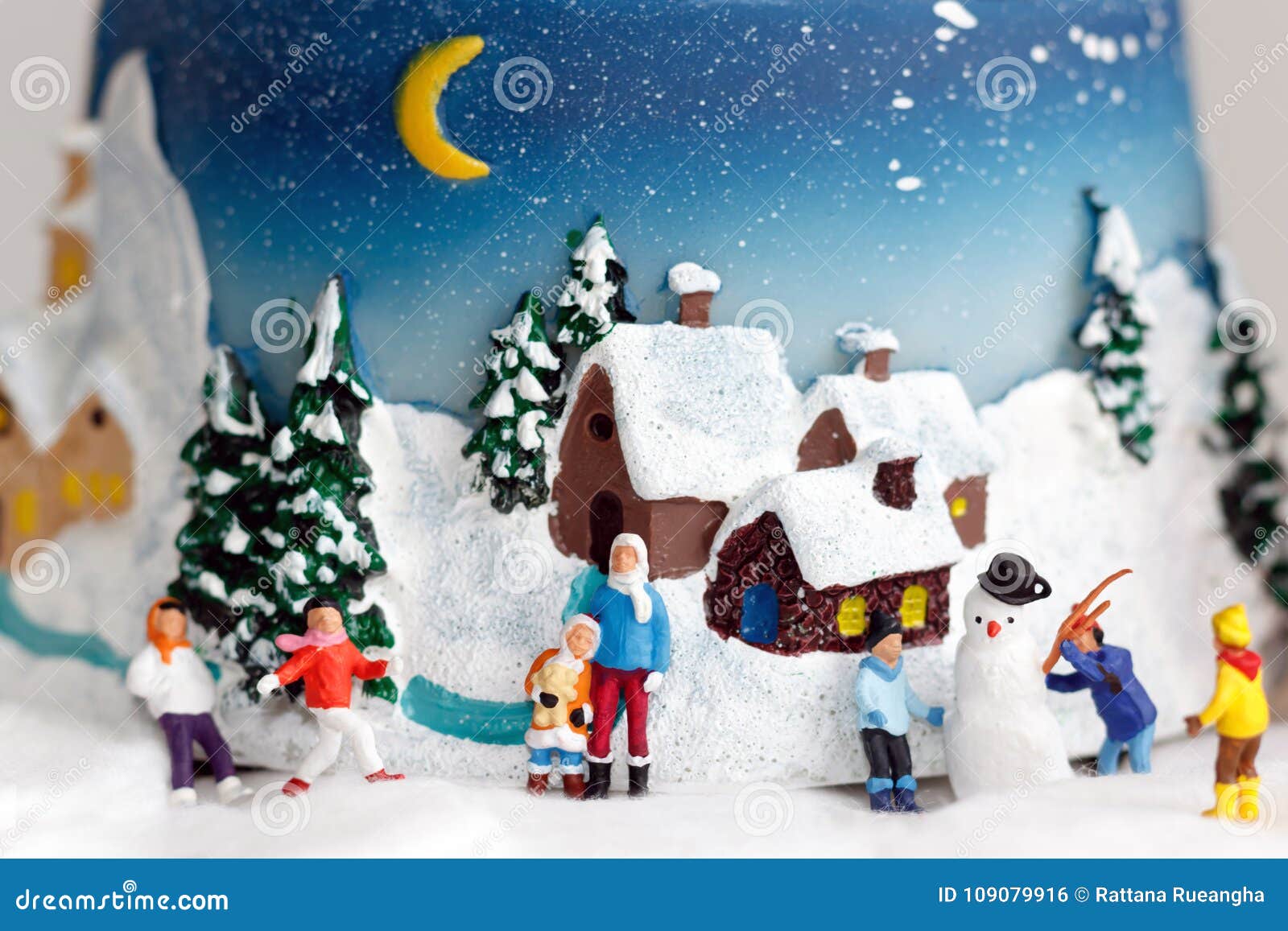 Miniature People: Children Playing Fun with Snowman. Concept of Stock ...