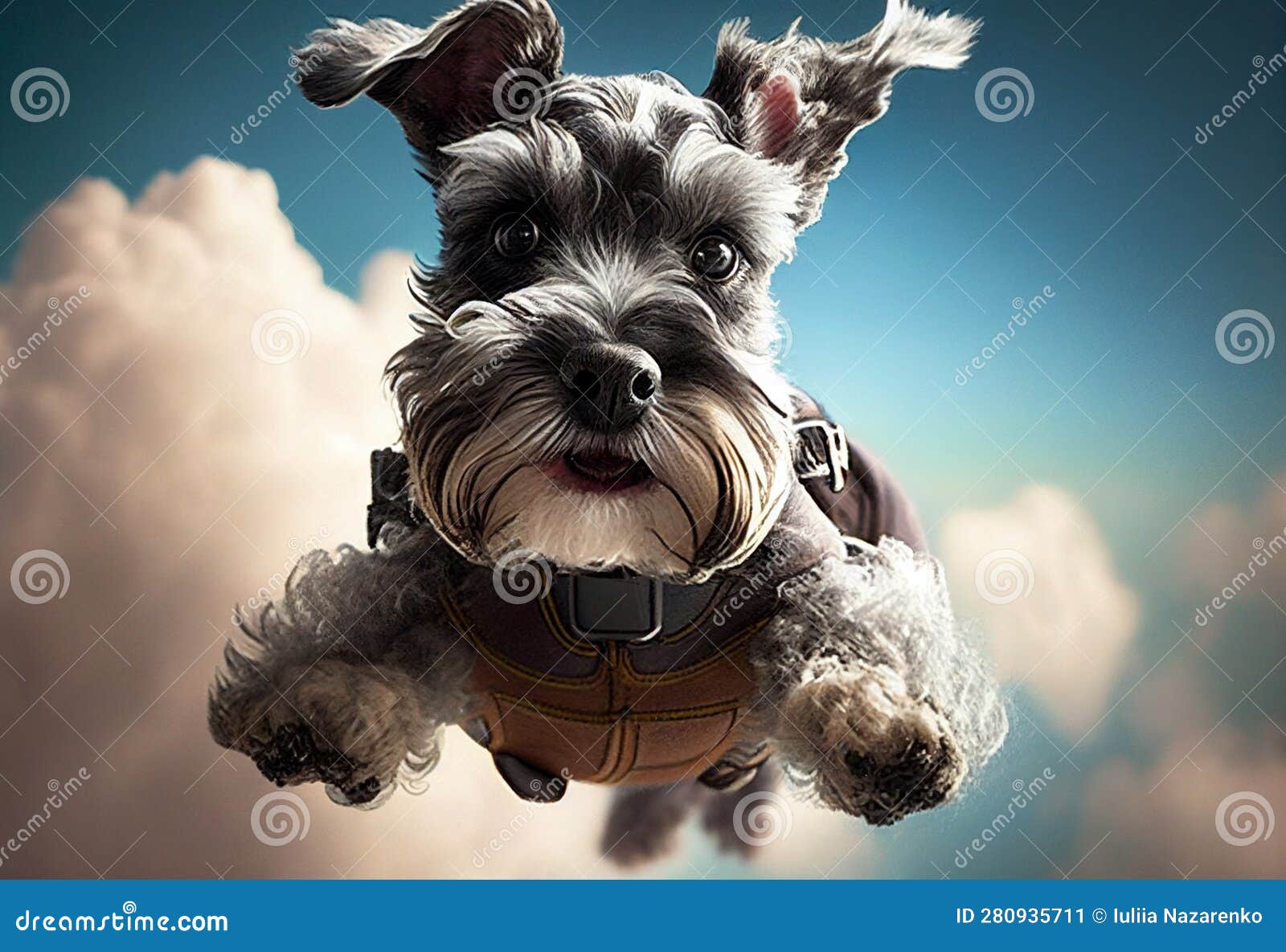 Miniature Schnauzer Jumping with a Parachute. AI Generated Stock
