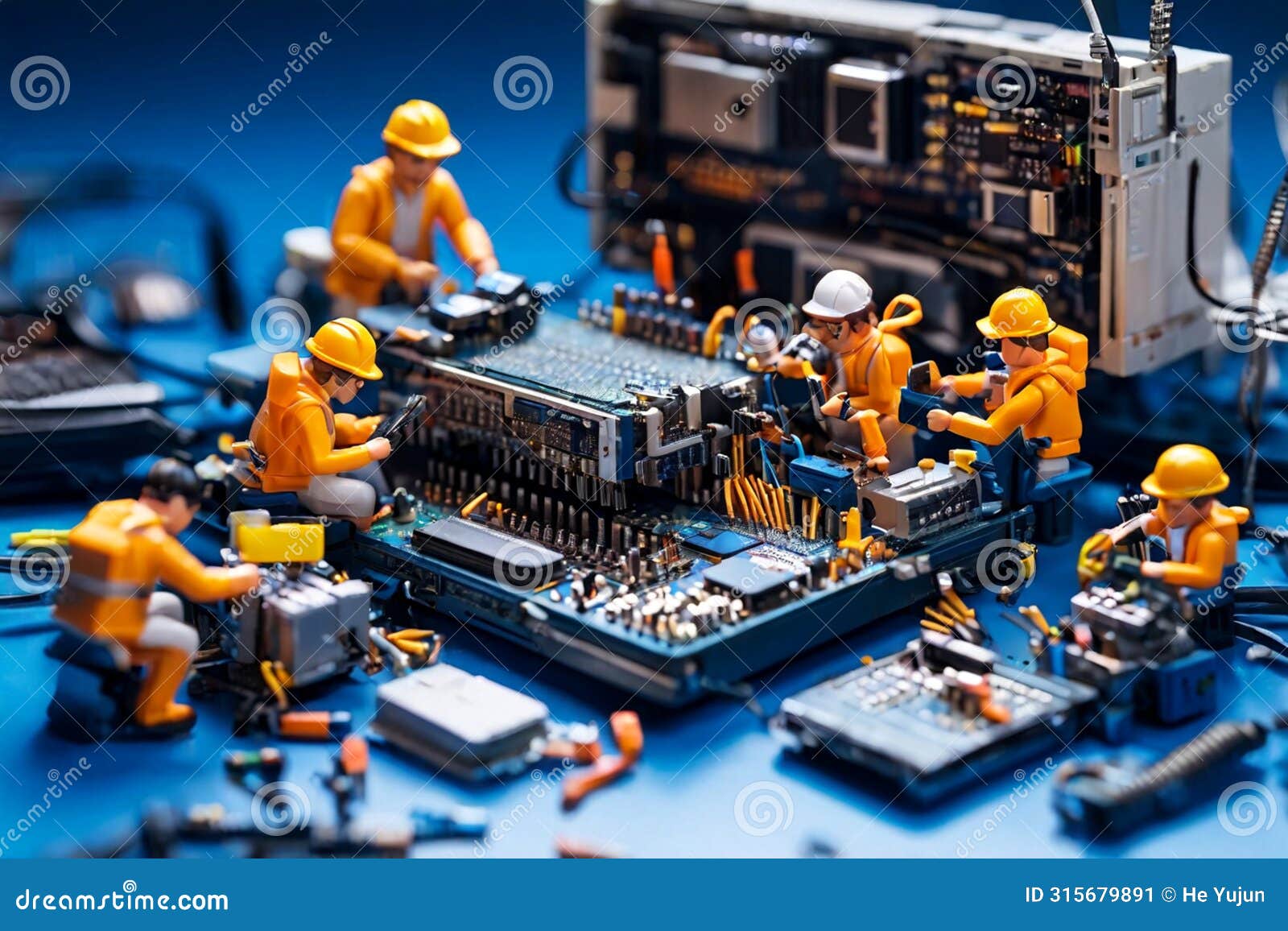 miniature technicians working on a computer circuit board