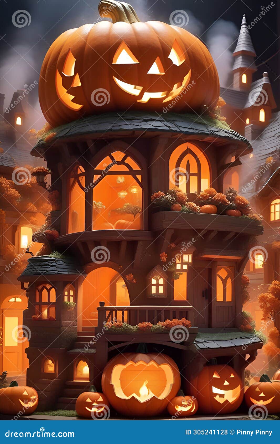 a miniature village built within a hollowed-out pumpkin, cheerful, smoke curling, mysterious, t-shirt prints