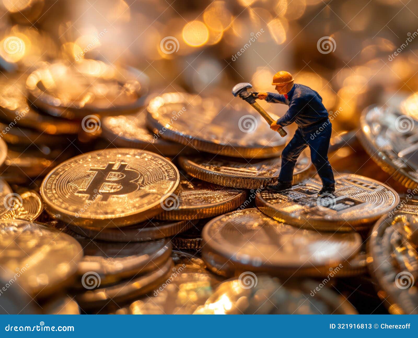 Miniature Worker Mining Bitcoin on Pile of Coins Stock Image - Image of  background, business: 321916813