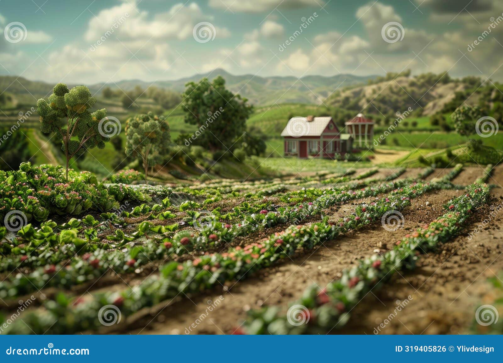 miniaturelike scenic view of a tranquil farm with rolling hills and lush vegetation