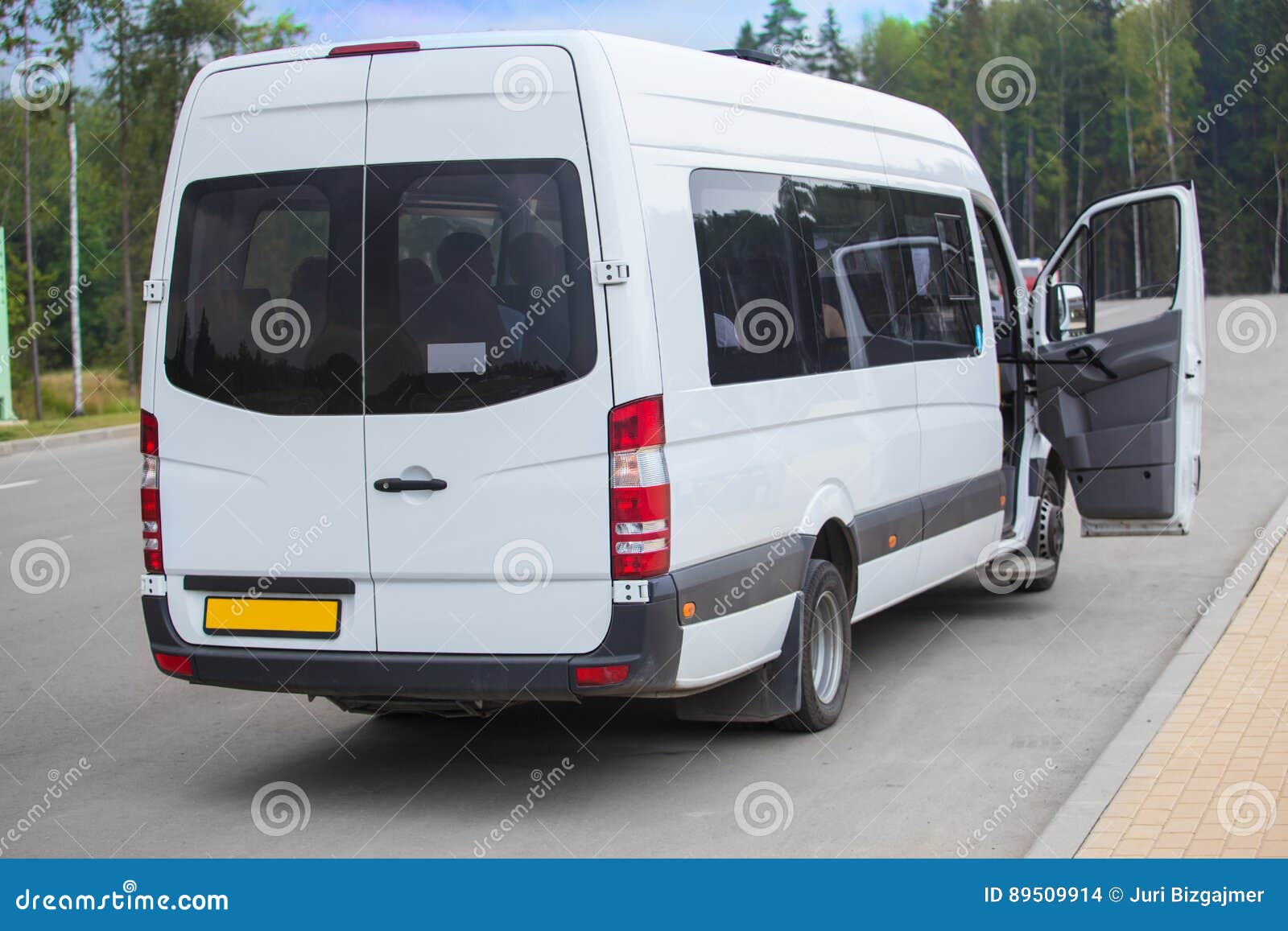 An Open Minibus Door And A Footboard For Passengers To Enter. Step To