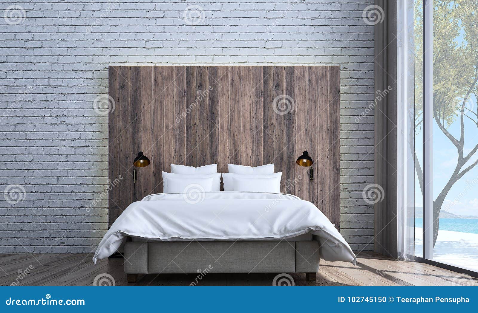 The Minimal Bedroom Interior Design and Brick Wall Texture Background and  Sea View Stock Illustration - Illustration of concrete, home: 102745150