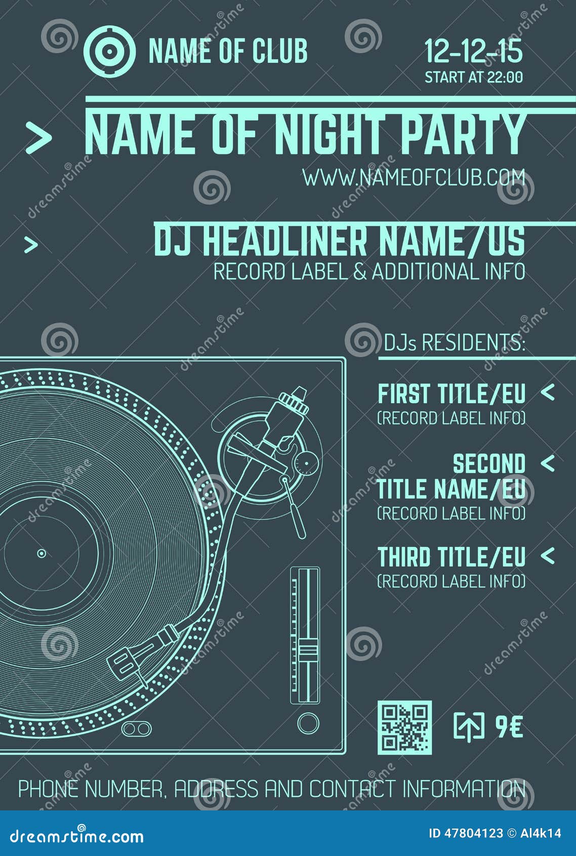 Minimal design night party flyer template with vinyl turntable. Vector monochrome light blue club poster template with turntable and vinyl record on dark