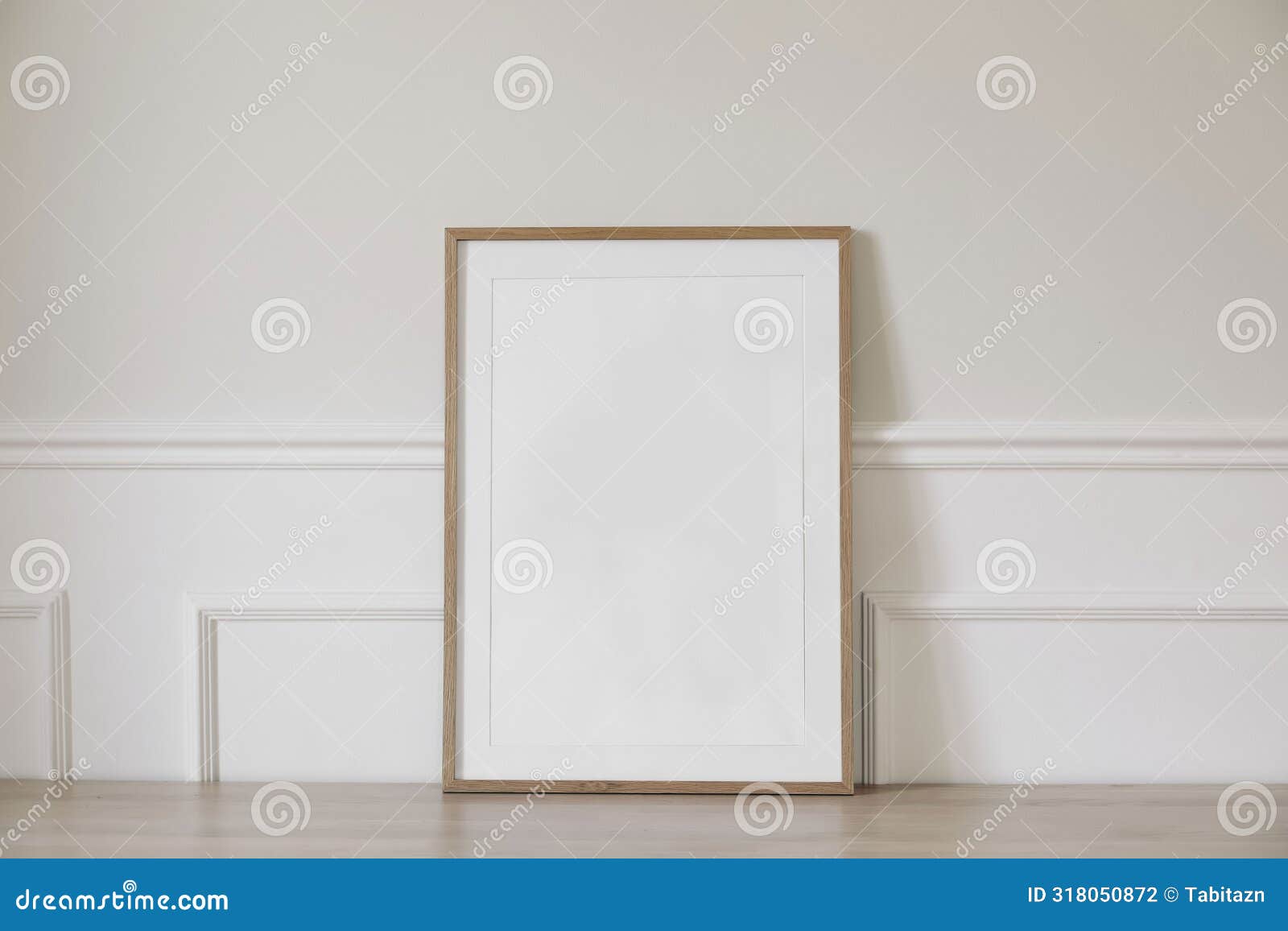 minimal empty vertical wooden picture frame mockup. white wall with elegant stucco decor. portrait large poster a3, a2