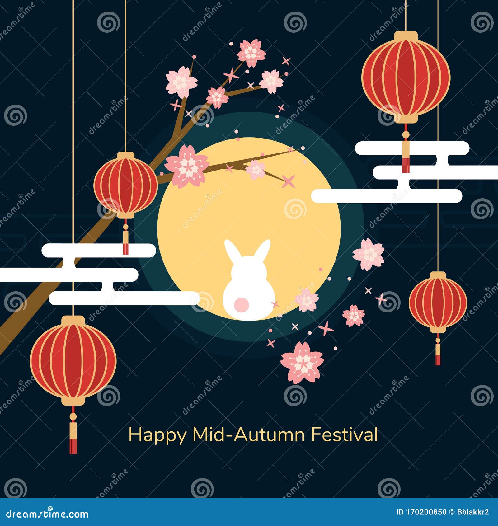 Minimal Flat Happy Mid-autumn Festival Poster in Night Scene with Full Moon  Rabbit Red Paper Lantern and Cheery Blossom Flowers Stock Illustration -  Illustration of banner, lamp: 170200850