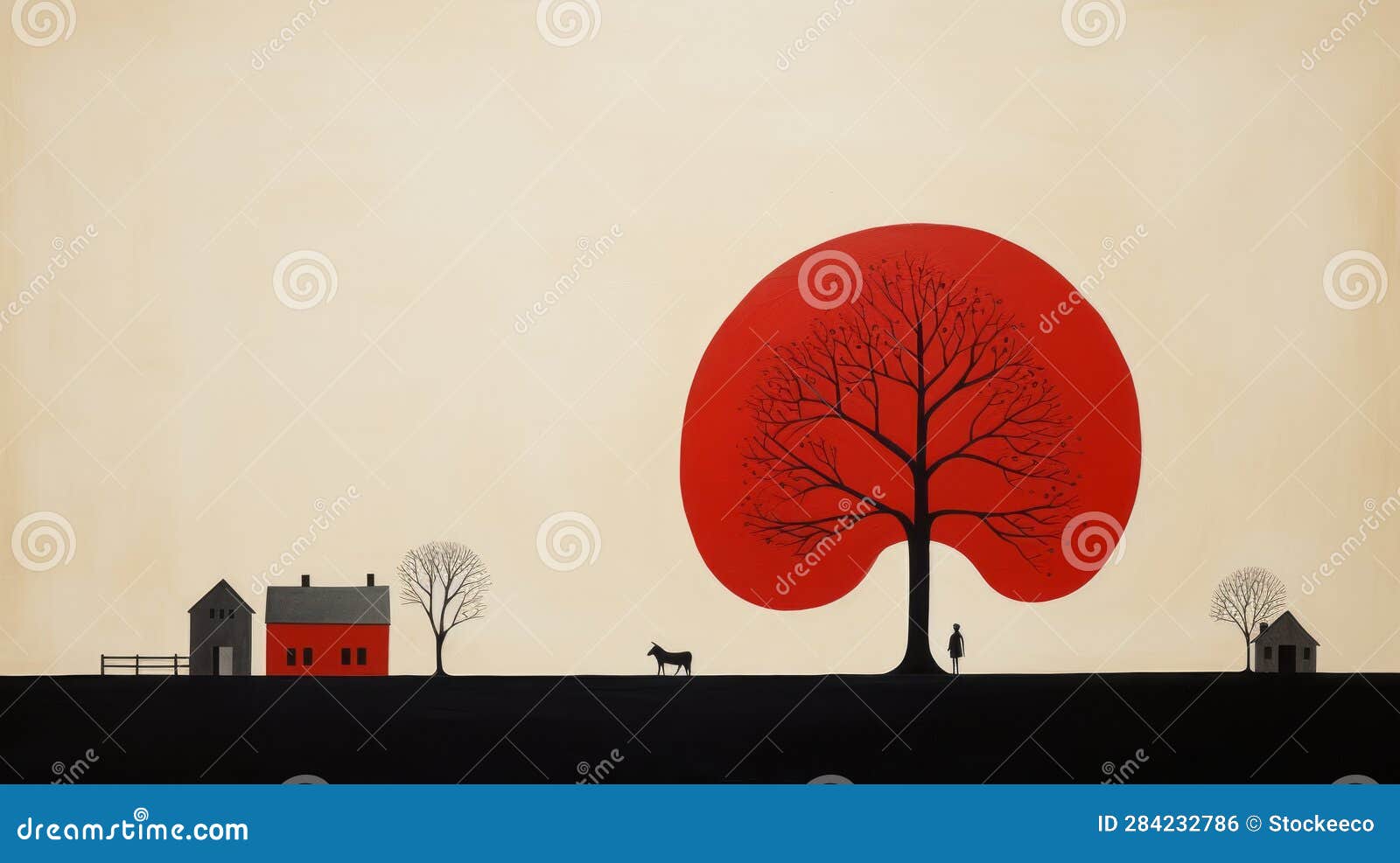 minimal folk art: lone tree near red house - canvas print