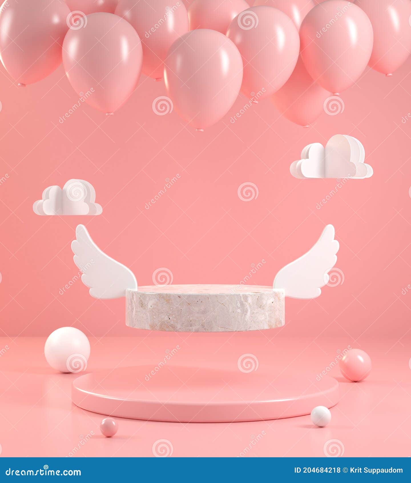minimal form stone wing display fly with balloon on pink pastel abstract bakground 3d render