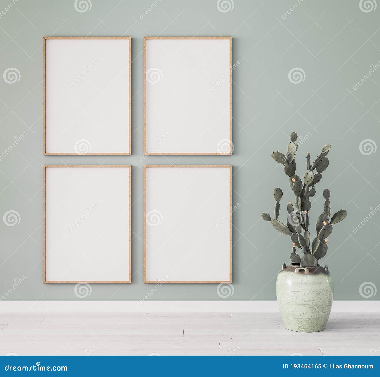 minimal frame mock up , succulent plant. four wooden frames on pastel green wall