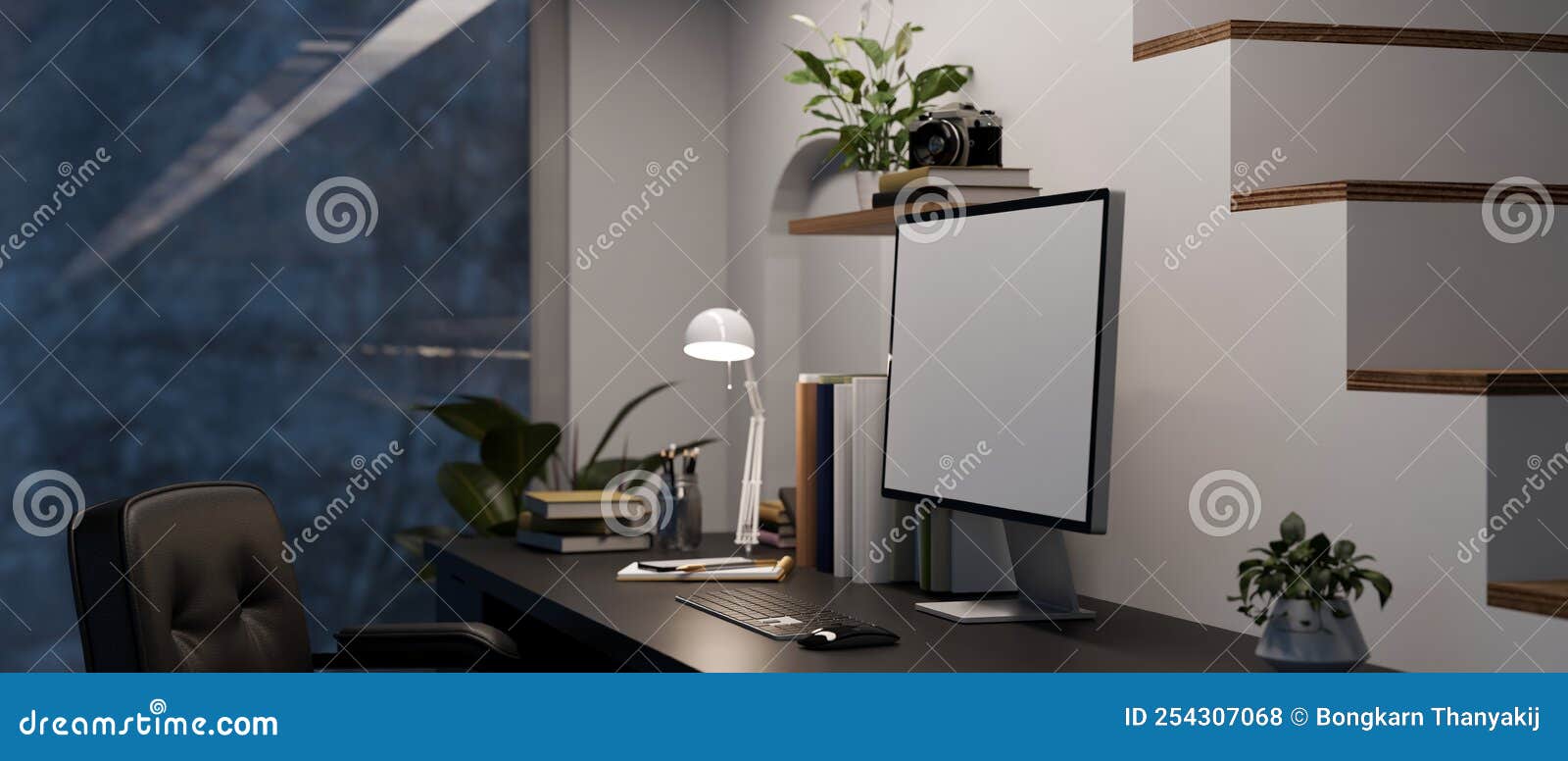 Minimal Home Computer Desk Workstation by the Staircase with Computer