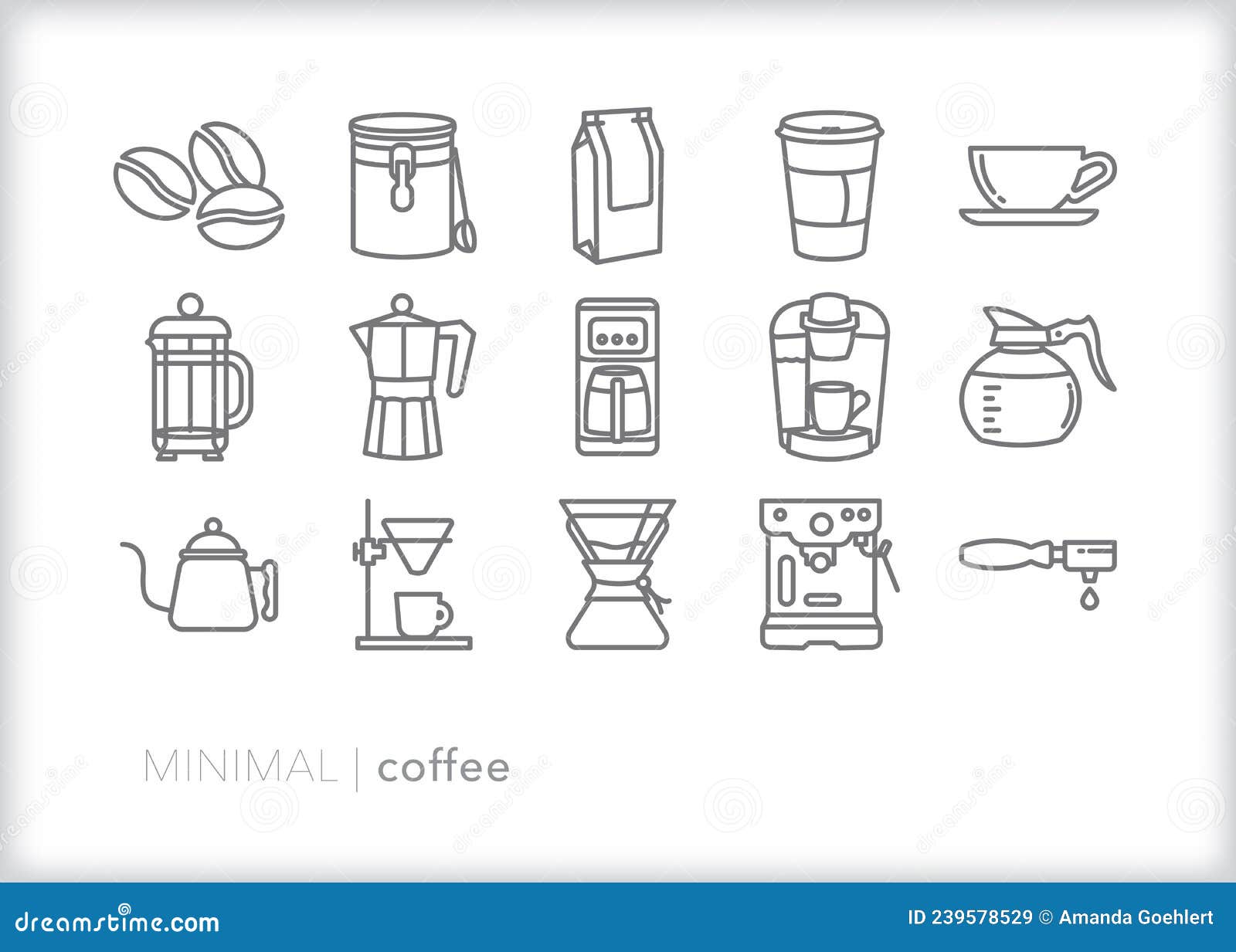 coffee icon set of beans, brewing methods, drinks and technology