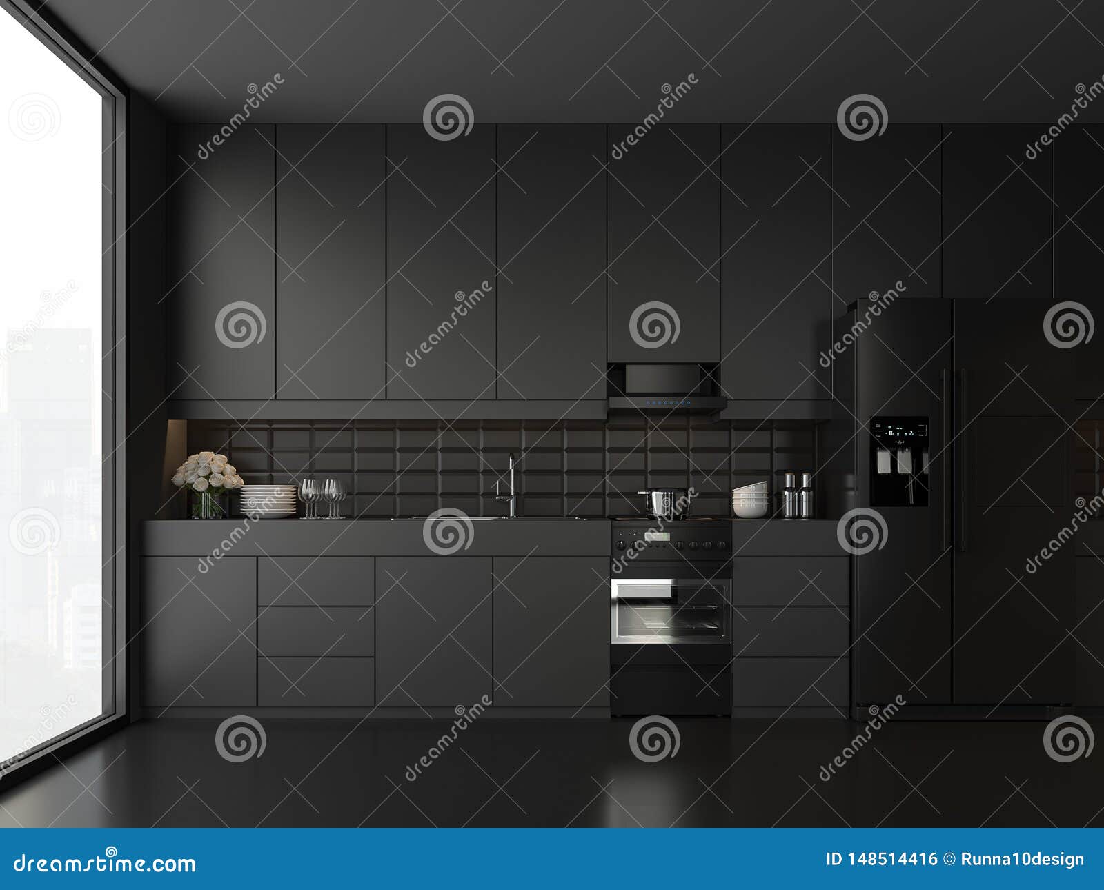 minimal style black kitchen 3d render