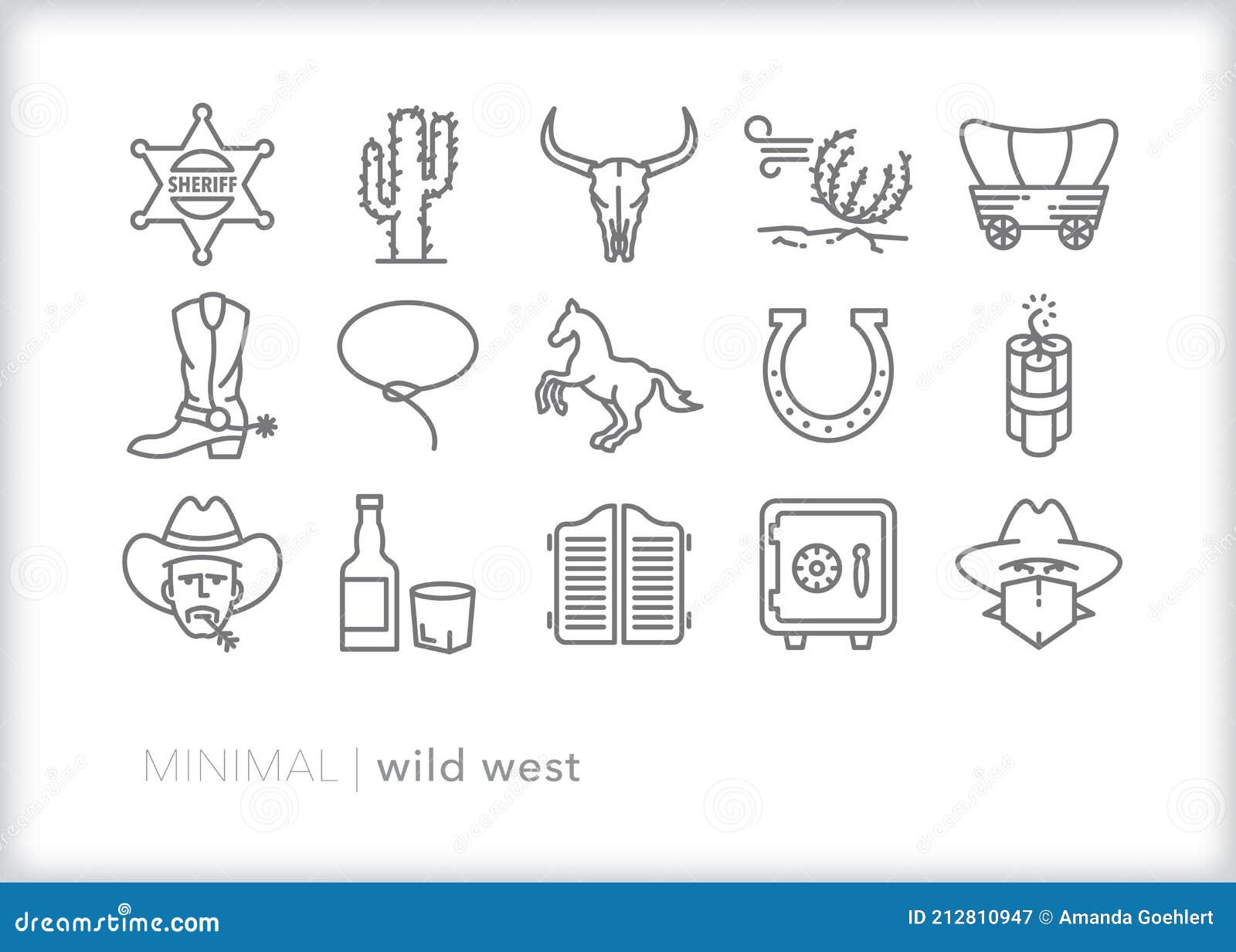 wild west outline icons of cowboys and robbers in the american west
