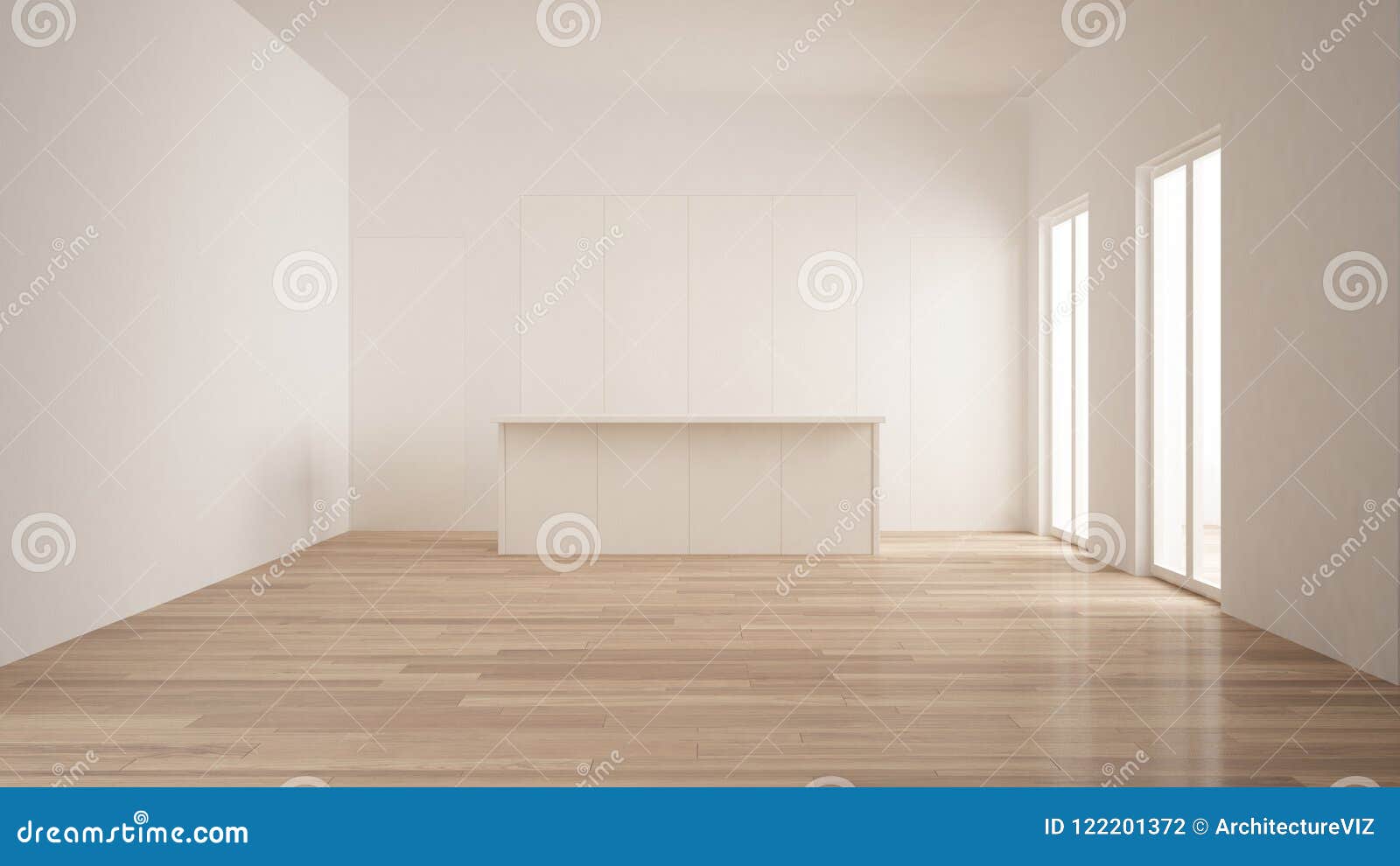 minimalism, modern empty room with white hidden kitchen with island, parquet floor, white and wooden interior 