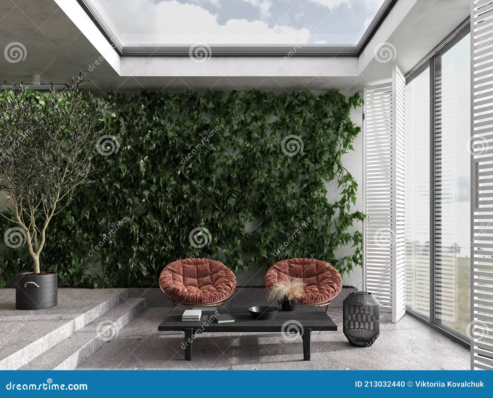 minimalism modern interior scandinavian . bright studio living room and indoor terrace. large panoramic windows, green wall