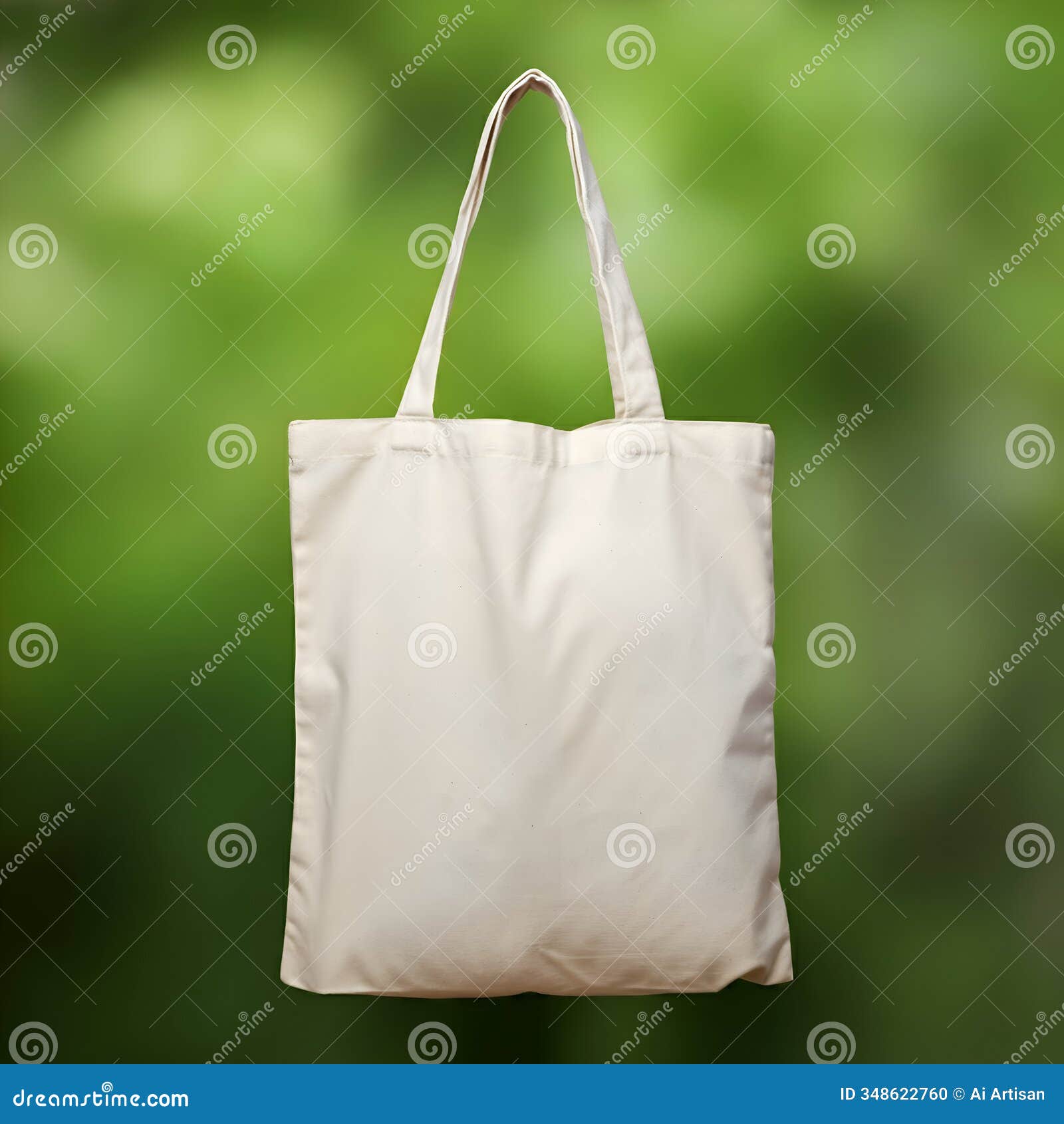 ai-generated white canvas tote bag on blurred green background
