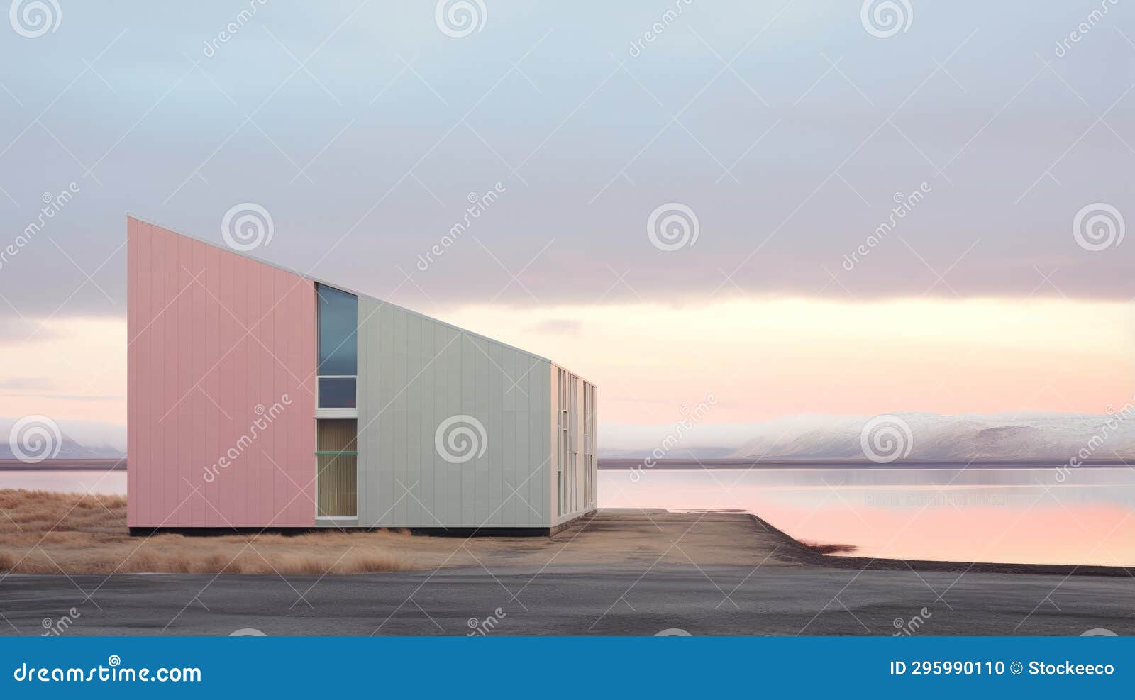minimalist bauhaus architecture with soft colored installations in laugarvatn